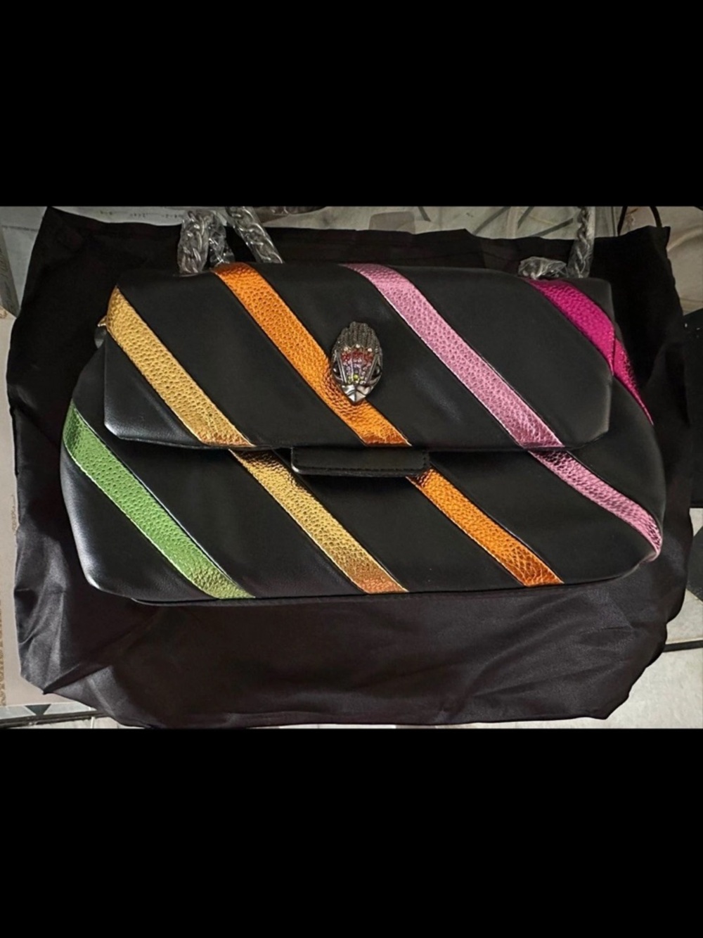 Black Leather Shoulder Bag with Multicolor Diagonal Stripes